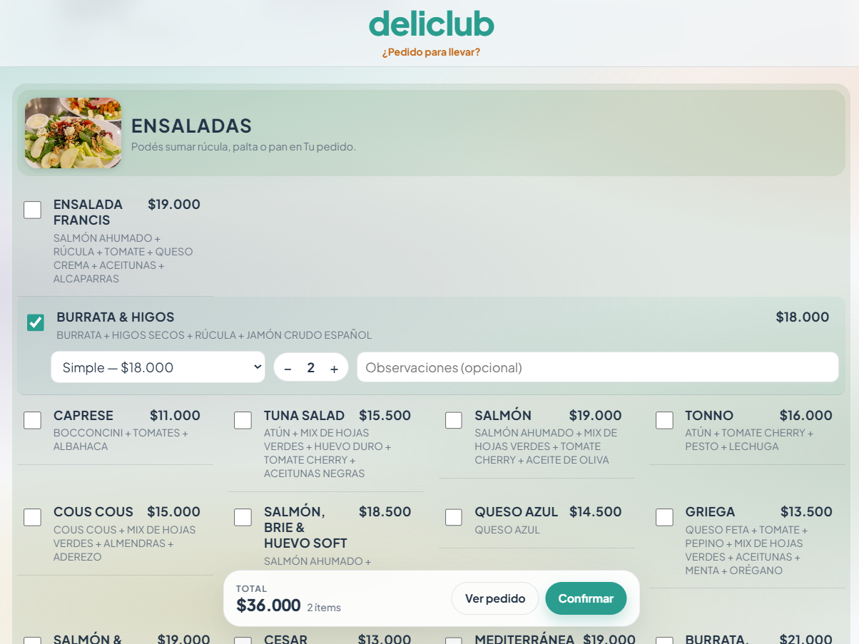 Carta de ensaladas. Ramiro elige dos Burrata e Higos. Arriba, el enlace de pedido para llevar.