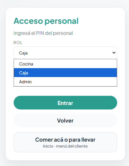 Acceso del personal con roles Cocina, Caja y Admin.