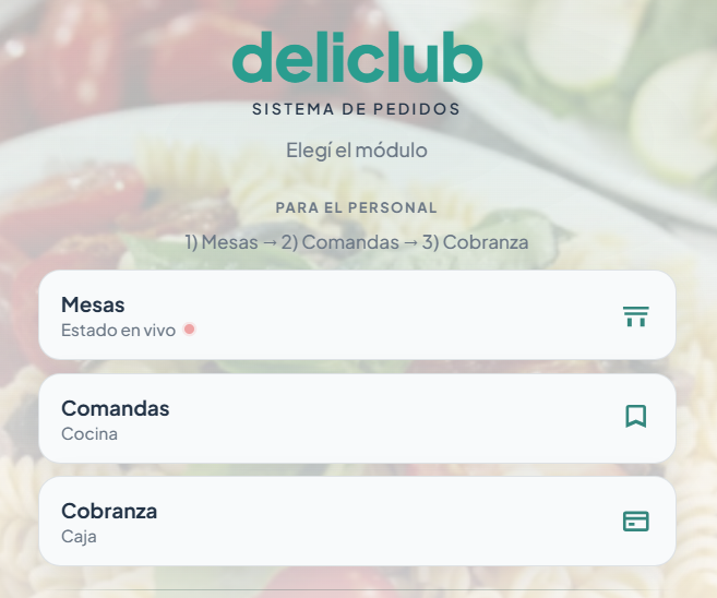 Módulos del personal: Mesas, Comandas y Cobranza.