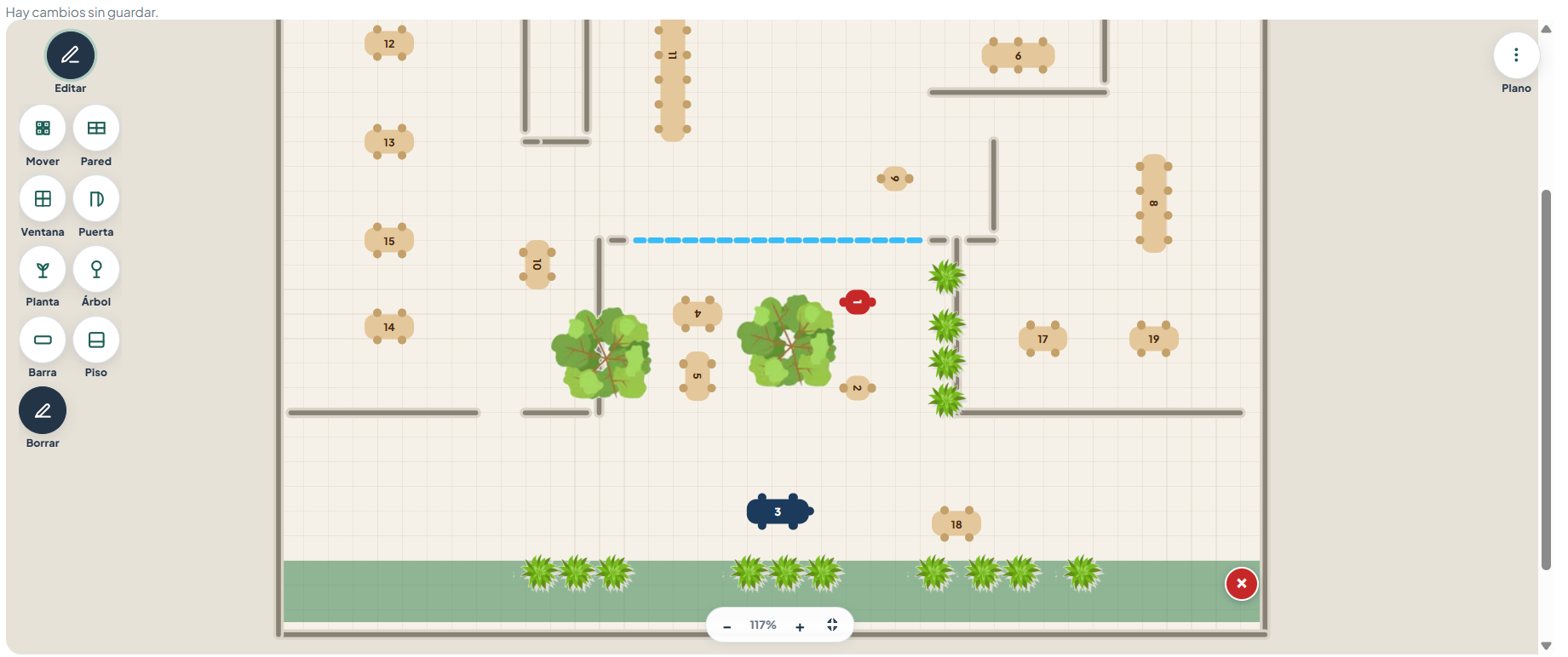 Editor del plano del salón, con mesas, plantas y paredes.